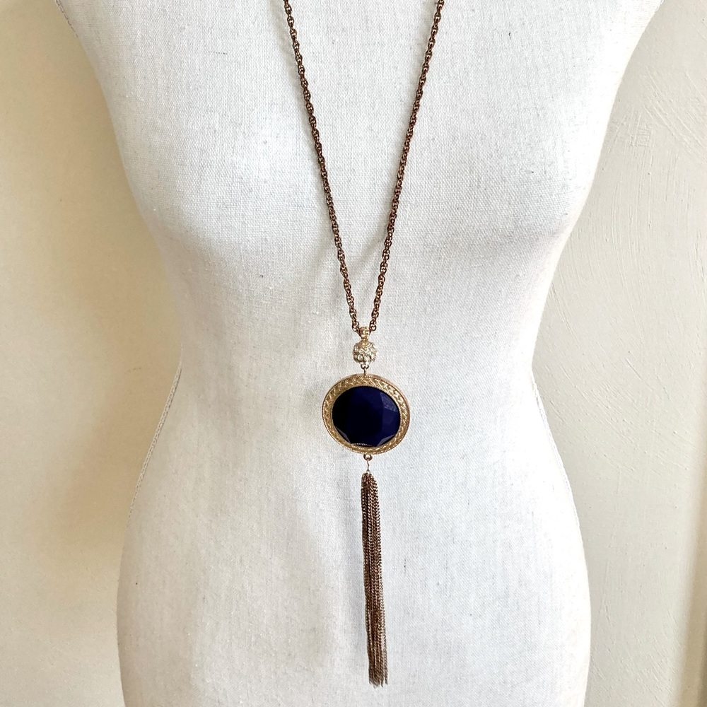 Long Chain Necklace with Crystal Encrusted Ball, 2 Sided Pendant & Chain Tassel